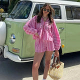 Fongt Women's INS Explosion Striped Striped Lantern Sleeve Shorts Set