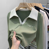 Short Style Polo Shirt Embroidered Alphabet Design Sense Minority Lapel Clavicle V-Collar Blouse Long-Sleeved T-Shirt Women's