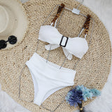 2025 New Pure White Chain Sling Split Swimsuit Women High Waist Pit Strips Brab