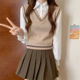 Fongt New College Style With Long-Sleeved Shirt Women's Short Splicing Fake Two Knitted Vest Tops Women's