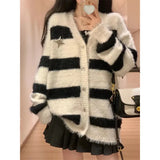 / Winter 2023 Imitation Mink Cardigan Soft Waxy Sweater Women's Loose And Versatile Striped Knit Top Lazy Wind Coat-Outfit