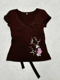 Fongt Print Niche Design Waist Tie With Short T-Shirt Hottie Simple Casual Top