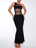 Black One Shoulder Slit Design Maxi Dress-Outfit