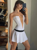 White Tube V-neck Contrast Pleated Mini Dress-Outfit