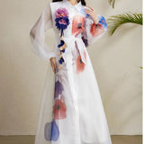 Fongt Court Dress Female Senior Sense Strap To The Waist Lantern Sleeve Print Single Buckle Mesh Elegant Dress