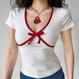 Fongt French Bow Patchwork Color Top Female Girl Slim Short V-Neck Short-Sleeved