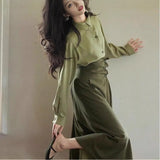 Fongt 2025 New Elegant Senior Shirt Skirt Tide French Green Asymmetric Collar Retro Suit Woman