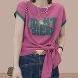 Sleeve Casual Broken Flowers Letter Printed Pullovers Women's Clothing Stylish Bandage Bow Summer O-Neck Spliced T-shirt-Outfit