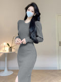 New Autumn And Winter Style High-Necked Bubble Sleeve Knitted Dress With Buttocks Temperament And A Medium-Length Dress With Forked Bottoms-Outfit