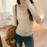 Slim, V-Collar, Straight Shoulder, Long-Sleeved T-Shirt, New Autumn Pleated Blouse, Solid Color Bottomed Shirt.-Outfit