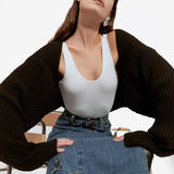 Fongt P Sexy Solid Color Ultra Short Long-Sleeved Sweater Coat-Outfit