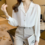 Autumn Women's Shirt Fashion Pleated Blouses for Women Solid Button Up Clothes Women V-neck Commute White Tops Basic