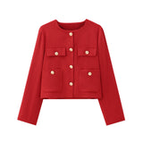 Fongt Women's Solid Color Coat 2025 Spring Commuter Leisure Buckle Dress Short Long-Sleeved Round-Neck Suit