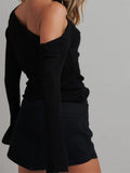 Knitted Long Flare Sleeve Solid Slim Fit T-shirts Top for Women Off Shoulder Casual Basic Tees Shirts Streetwear 2023-Outfit
