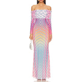 Fongt 2025 New Fashion Design Personality Color Printing Sexy Shoulder Mesh Yarn And Hip Dress Dress