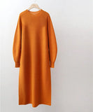 New 2021 Autumn Winter Women Dresses Mid-Calf Knitting Straight Sweaters Korean Style Elegant Solid Dresses