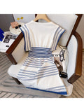 Elegant V-neck Bow Striped High Waist Slim Mini Dress Women's Spring Sleeveless Contrast Stripe Knitted Female