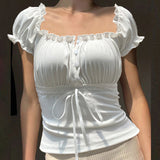 Ruffled Square Neck Puff Short Sleeve Tee-Outfit