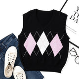 Vest Vangull Argyle Fashion Women Casual Korean Pullover Elasticity Sweater Spring Autumn Sleeveless V-Neck Tank