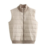 Fongt New Women's Versatile Striped Standing Collar Zipper Sleeveless Padded Jacket Patchwork Knit Vest-Outfit