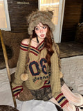 Brown V-neck Letter Print Oversize Sweater-Outfit