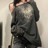 Fongt 2024 New Dark Wind Vintage Print Loose Jacket Diagonal Collar Hoodie Coat Female-Outfit