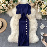Fongt Summer New Knee Tight Elastic Knitted Dress Open Design Buckle Round Neck Dress Short Sleeve