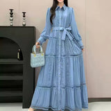 Fongt High-End Retro Collar Single Buckle Lantern Sleeve Dress Women's Hollow Lace To Receive Long Waist Skirt