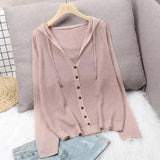 Knitted Hooded Cardigans For Women Summer Thin Long Seeve Sunscreen Shirt Single Breasted Solid Knitwear Coat Tops