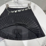 Solid Pleated Mini Skirt With Butterfly Chain-Outfit