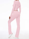 Long Sleeve Cropped Top Fold-over Flare Pants Set-Outfit