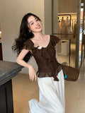 Fongt Xixi 2025 Summer New Elegant Temperament Flowers V Collared Leaf-Side Shirt Thin Top Lady 89387