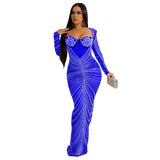 Fashion Women's Hot Diamond Mesh Perspective Long Sleeve Dress-Outfit
