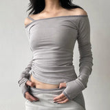 Girl Style Solid Color Collar Shoulder Rope Slim Long-Sleeved Functional T-Shirt 2024 Spring New