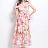 Fongt Slicing Hollow Lace Splicing Small Flying Sleeves To Close The Belt With Thin Temperament Single-Drace Printed Dress