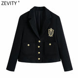 Women England Style Badge Patch Breasted Woolen Blazer Coat Vintage Long Sleeve Pockets Female Outerwear Chic Tops