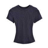 Trend Women's Wear Thread Slim Short-Sleeved T-Shirt Sexy Round Collar Solid Color Shoulder Show Thin Short Navel Blouse-Outfit