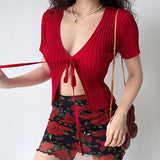 Fongt Desire To Tie With Cardigan Summer New Knitting Design Small Black Short Sleeves Short-Sleeved Short-Sleeved