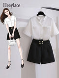 Women 2 Pieces Shorts Sets Summer Sweet Korean Bow Collar Tops And Shorts 2 Pieces Sets Women Clothing Two Pieces Outfits