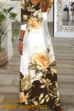 Short Sleeve Holiday Dress For Women Vintage Print V Neck Maxi Party Dress Elegant Ladies Loose Long Retro Dress
