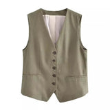Fongt 2023 Summer V-Neck Solid Color Single Breasted Vest High Waist Wide-Leg Pants Shorts Set 9ZS2251-Outfit