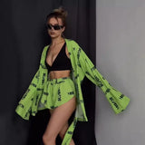 Fongt New Loose Long-Sleeved Women's Printed Casual Commute With Pajamas High-Waist Shorts Set