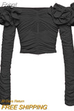 2023 New Women's Red Black Short Off Shoulder Stretch Sexy Pleated Hollow out Flower Top Long Sleeve Off Shoulder