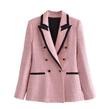 Women Fashion Double Breasted Tweed Check Blazers Coat Vintage Long Sleeve Pockets Female Outerwear Chic