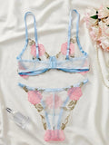 Blue Sheer Rose Embroidered Lingerie Set-Outfit