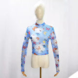 Fongt Women's Mesh Hollow Out Butterfly Print Long Sleeve Crop Short T-Shirt Bottom Shirt