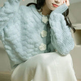 Blue Knitted Rose Buttoned Cardigan-Outfit