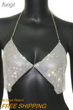Shiny Rhinestones Halter Camisole For Women Sexy Backless Deep V Neck See Through Crop Top Summer Beach Tank