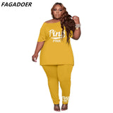 Size Casual Sport 2 Piece Set XL-4XL 5XL PINK Letter Print Women's Set Summer Loose Top+Lounge Pants Suit Tracksuit
