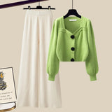 Knit Sets Womens Outfits French Vintage Square Collar Knitted Sweater And Wide Leg Pants Two Pieces Sets Office Lady